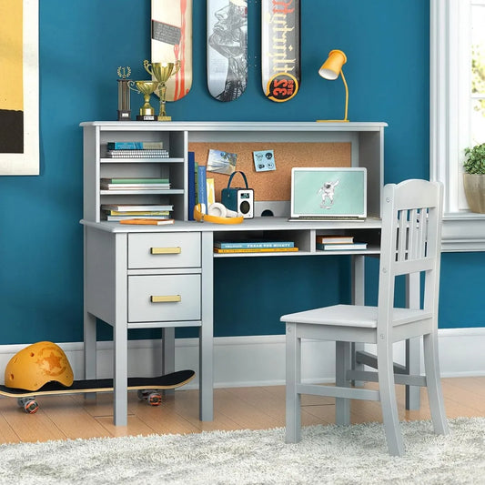 Kids Taiga Desk and Chair Set with Hutch - Gray: Wooden Study Desk with Storage Shelves, Corkboard, and Drawers | Kids Bedroom