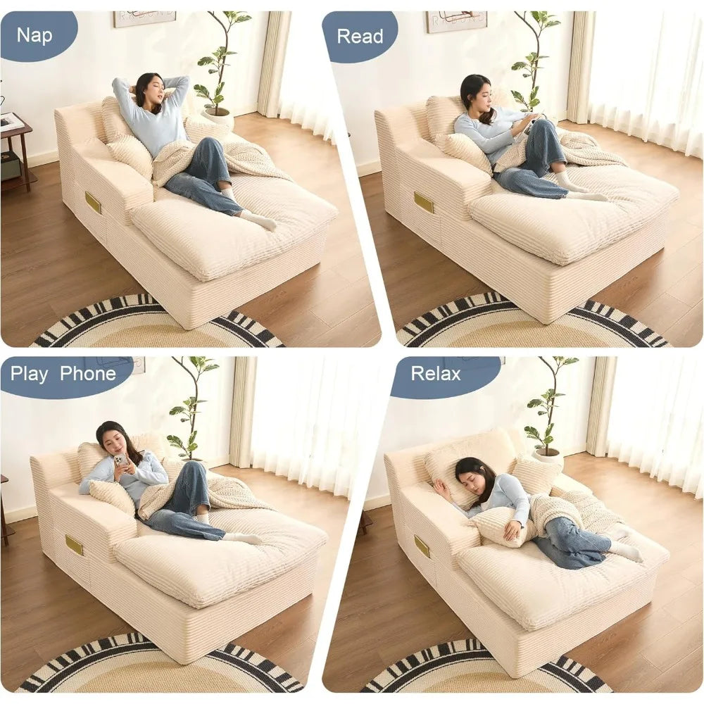 Chaise Lounge Chair Indoor, Extra Cloud Layer, Convertible Sleeper Sofa Couch with Removable Pillows & Side Pockets