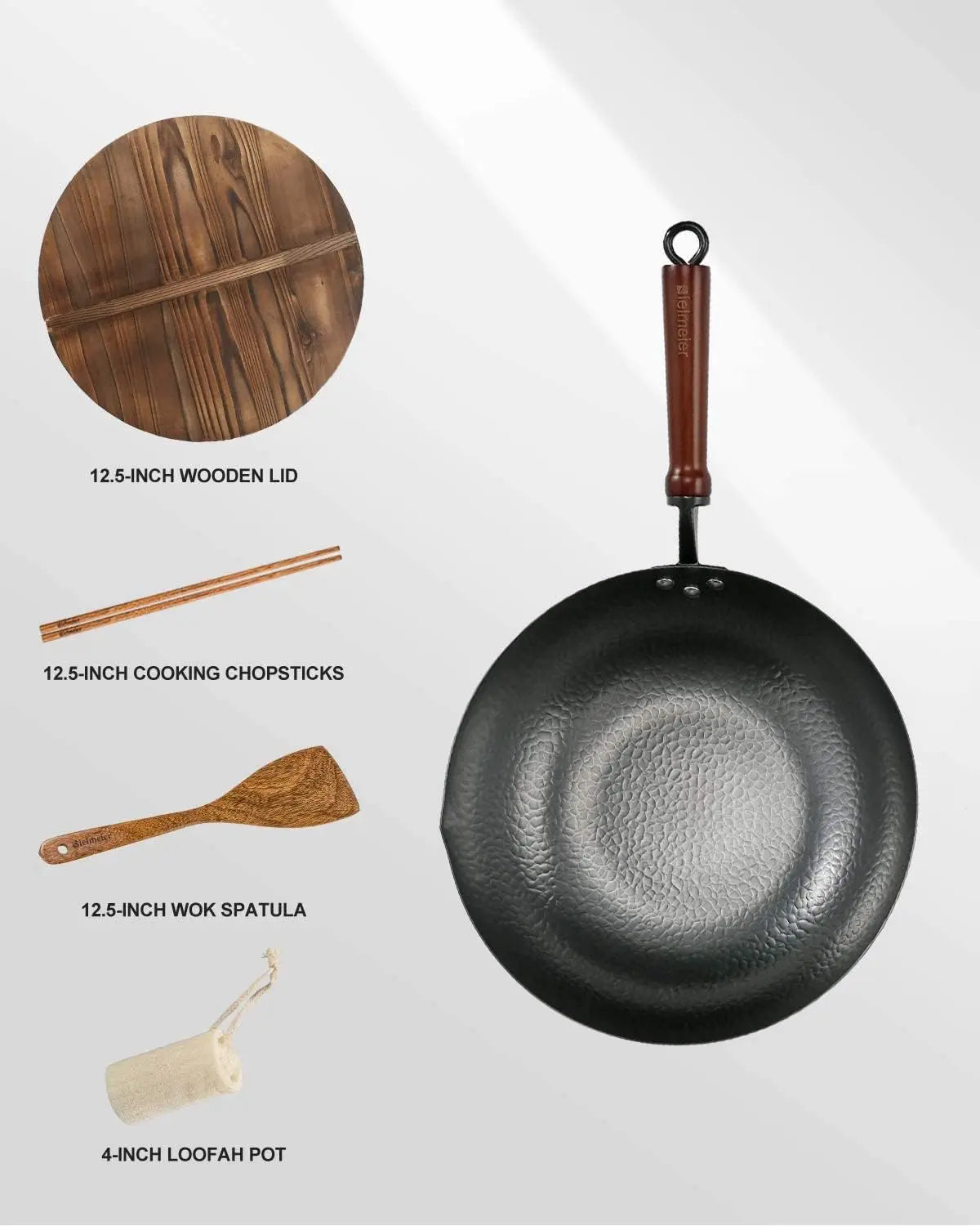 12.5" Carbon Steel Wok Pan with Lid, Flat Bottom for All Stoves, Stir Fry Cookware Accessories