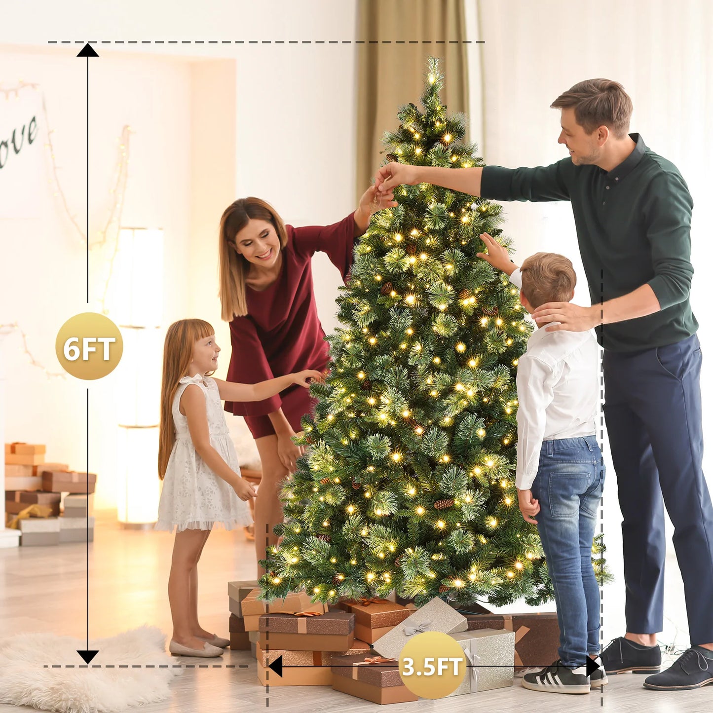 "6ft Auto Tree Structure, PE/PVC, 500 Warm Lights, 9 Modes, Remote Control, 900 Branches with Pine Needles, Green Christmas Tree