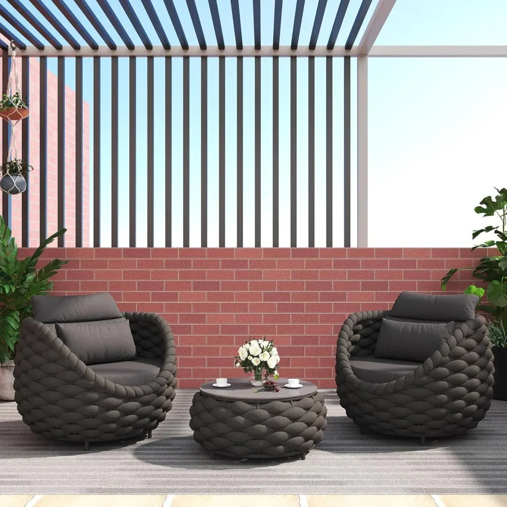 3 Pieces Aluminum Patio Furniture Set, Hand Woven Polyester Rope Modern Outdoor Set W/Washable Cushion