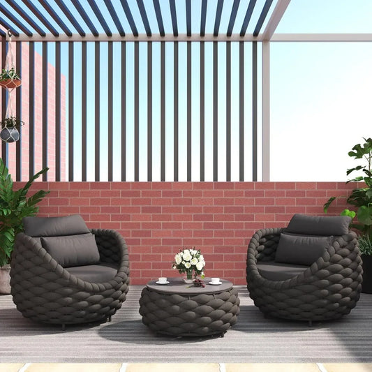 3 Pieces Aluminum Patio Furniture Set, Hand Woven Polyester Rope Modern Outdoor Set W/Washable Cushion