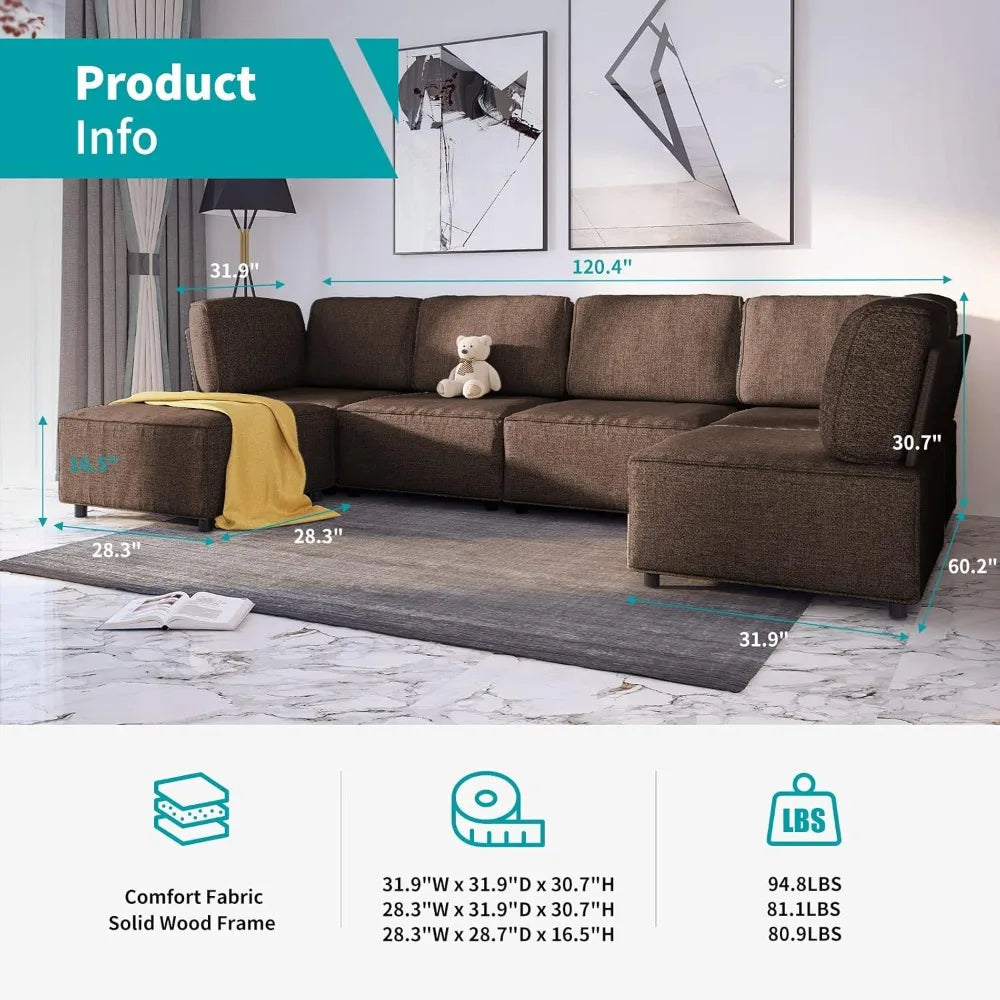 120" Sectional Sofa for Living Room,U Shaped Modular Sofa Couch with Ottoman, 6-Seat Oversized Sleeper Sofas Deep Seat