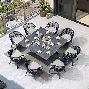 9 Pieces Outdoor Dining Set All Weather Wicker Patio Dining Set with Square Aluminum Table and Modern Armrest Dining Chairs for