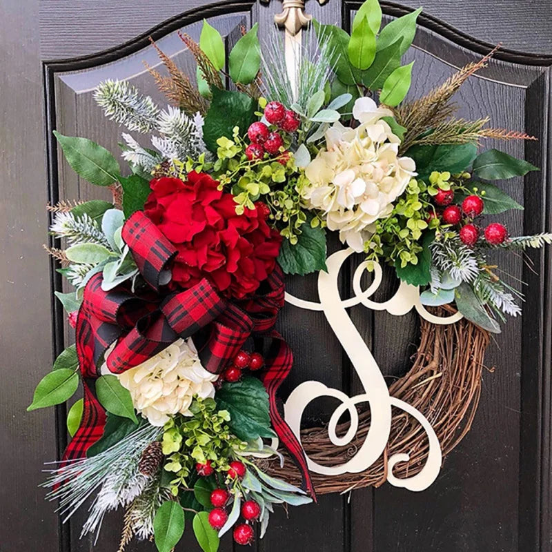 38cm Christmas Letter Wreath American Christmas Door Hanging Simulation Red Fruit Wreath Rattan Circle Decoration