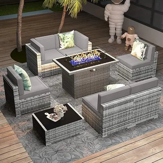 8 Pieces Patio Furniture Set with 44" Propane Gas Fire Pit Table, Outdoor Sectional Wicker Conversation Sofa Sets with Coffee Ta
