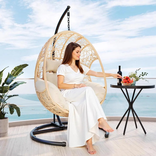 Hanging Egg Chair with Stand, Outdoor Swing Egg Chair with Rain Cover, 400 LBS Capacity All-Weather PE Wicker Swing Chair