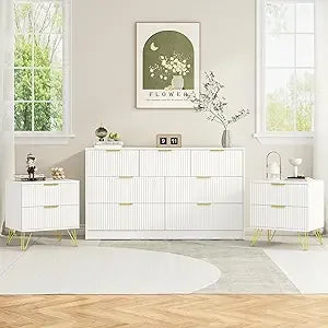 7 Drawer Dresser and Nightstand Sets for Bedroom, 3 Pcs Bedroom Set，Night Stand Set of 2 & 7 Drawer Dresser with Gold Handles, W