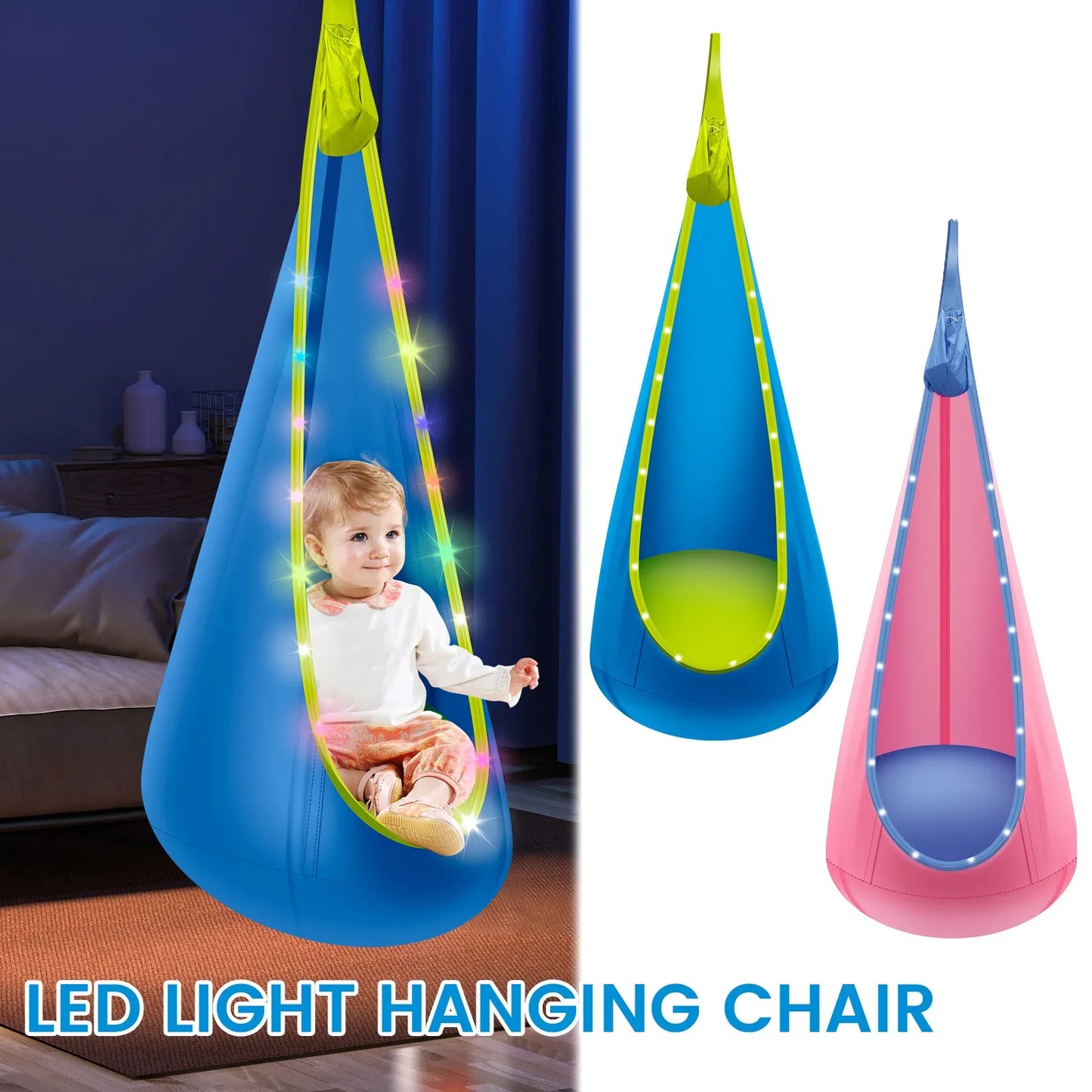 Inflatable Swing Chair Children Hanging Hammock With LED Light Comfortable Adjustable Light up Pod Swing for Indoor and Outdoor