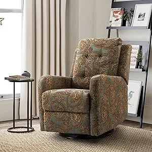 Recliner Chair Modern Printed Fabric for Living Room, Wingback Rocker Recliner Sofa Comfy Armchair 360 Degree Swivel, Nursery R