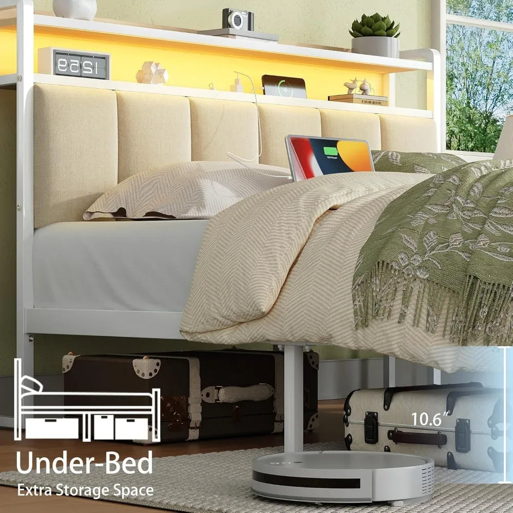 ANGDUO Bed Frame With Storage Headboard And LED Lights