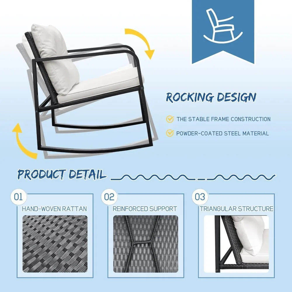 3 Pieces Rocking Wicker Bistro Set, Patio Outdoor Furniture Conversation Sets with Porch Chairs and Glass Coffee Table