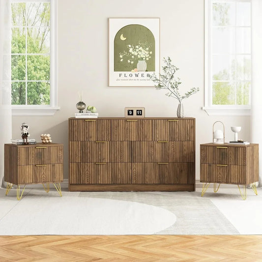 7 Drawer Dresser and Nightstand Sets for Bedroom, 3 Pcs Bedroom Set，Night Stand Set of 2 & 7 Drawer Dresser with Gold Handles, W