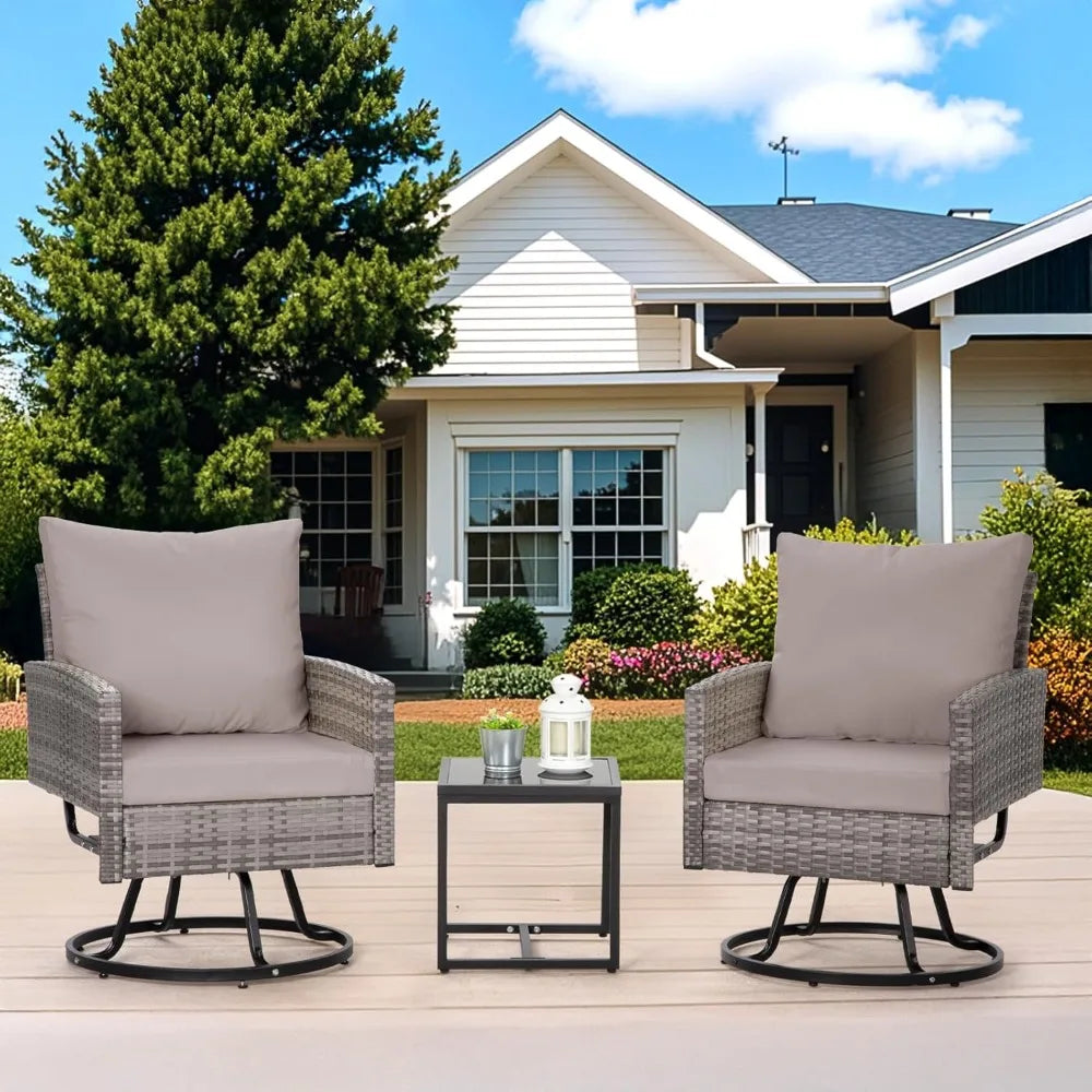 3 Pieces Swivel Patio Furniture Set,Outdoor Wicker Bistro Set with Glass Coffee Table and Thick Cushions for Garden, Balcony