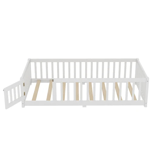 Full Size Bed Floor Bed with Safety Guardrails and Door for Kids, Gray/White/Natural ﻿