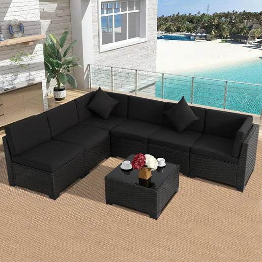 7 Pieces Patio Furniture Sets, Outdoor Furniture Patio Conversation Set, All Weather PE Rattan Sectional Sofa with Cushions