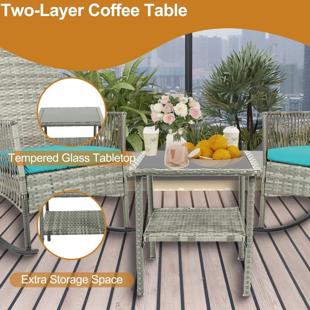 3 Piece Patio Conversation Set, Outdoor Rocking Chairs Set of 2, Wicker Furniture Set with Glass Top Coffee Table and Cushions
