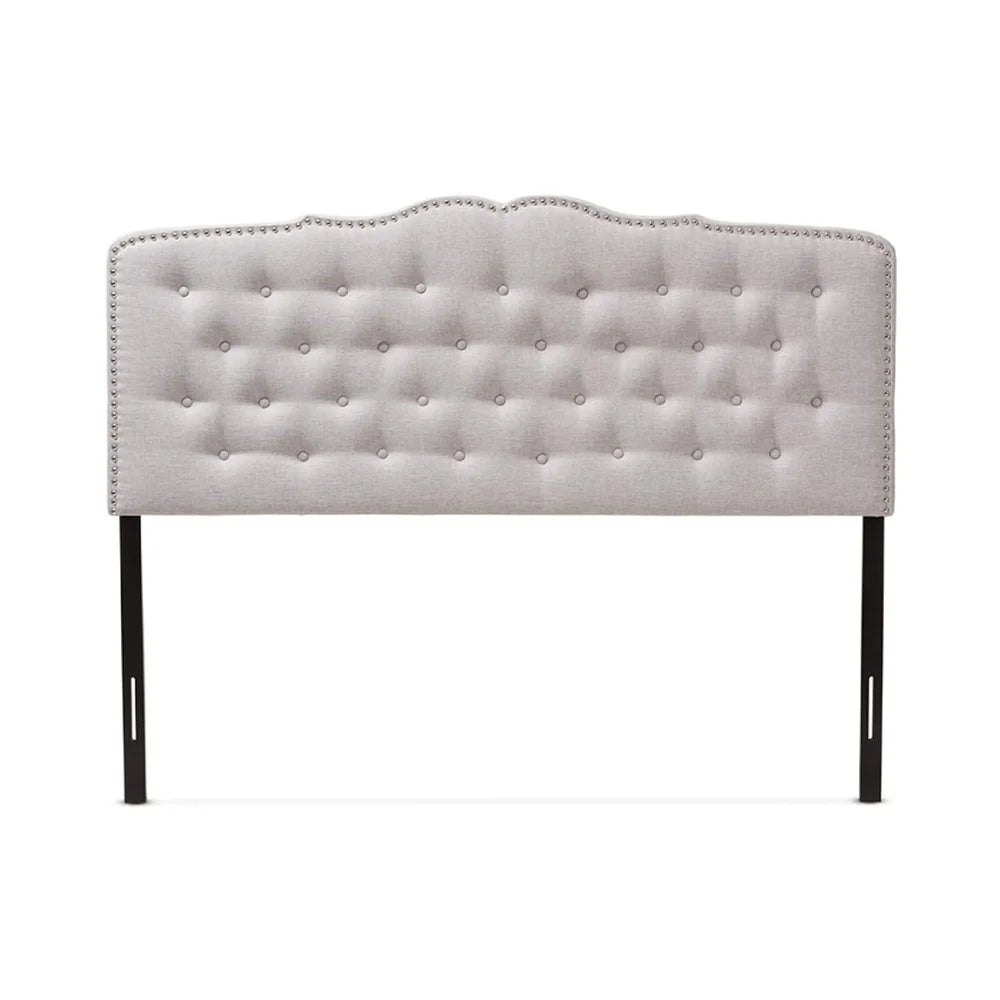 Modern Tufted Fabric Headboard Queen Size Curved Design Upholstered Greyish Beige with Nailhead Trim Adjustable Height Assembly
