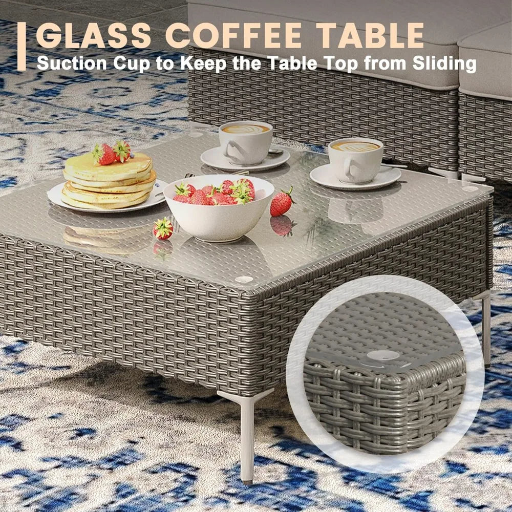 7 Pieces Wicker Patio Furniture Set, Outdoor Conversation Set Sectional Sofa with Cushion & Glass-Top Coffee Table for Garden