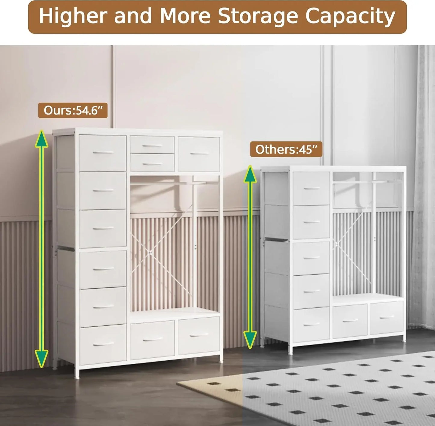 54.6  Tall 2 in 1 Dresser with Hanging Rack  11 Drawers Bedroom Dresser for Closet  TV Stand Dresser with Clothes Rack  Kids Dre