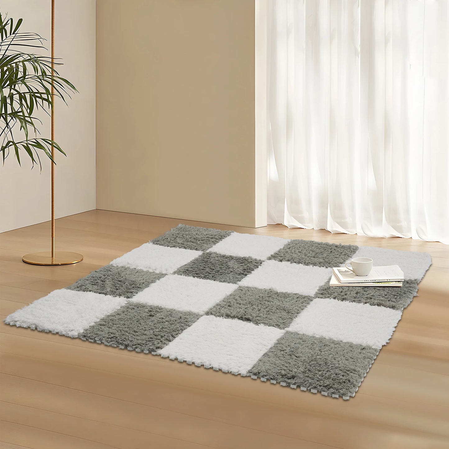 Fluffy Rugs Square 16Pcs Floor Mat Gray and White Carpet for Children Kids Room Home Parlor Bedroom