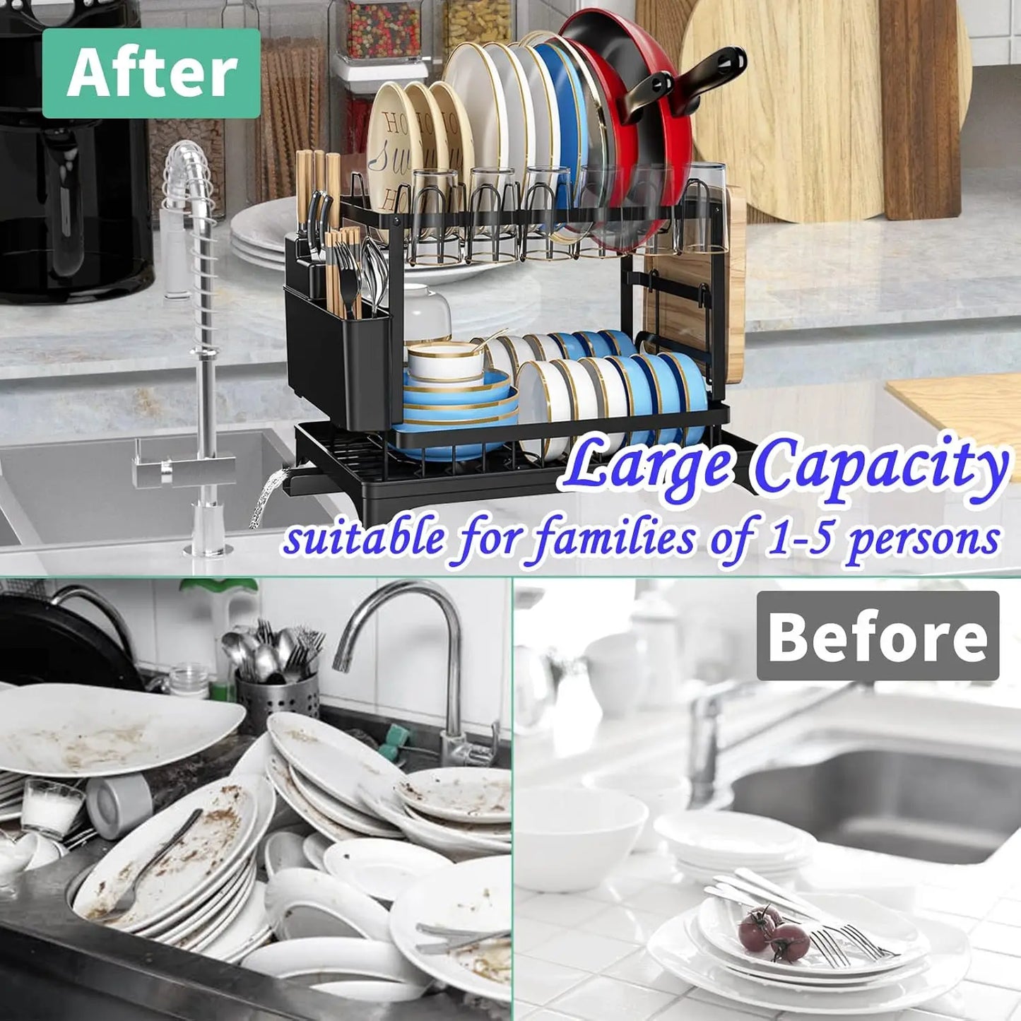 Kitchen countertop 2-tier dish drying rack, kitchen countertop dish drainer with drip tray, metal kitchen dish rack with drip tr