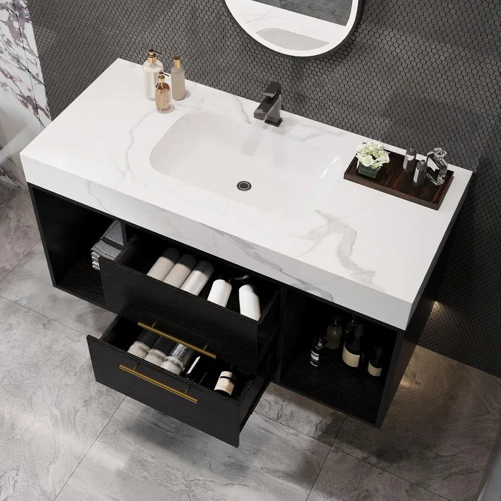 40 inch Modern Floating Bathroom Vanity with Sink, Wall Mounted Bathroom Cabinet with Ceramic Sink, Sintered Stone Countertop
