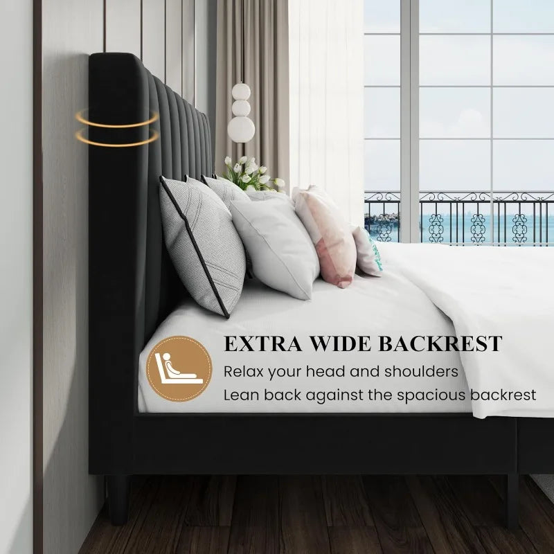 SHA CERLIN Queen Bed Frame/Velvet Upholstered Platform Bed Frame Headboard Strong Wood Slats Support/Mattress Foundation Black