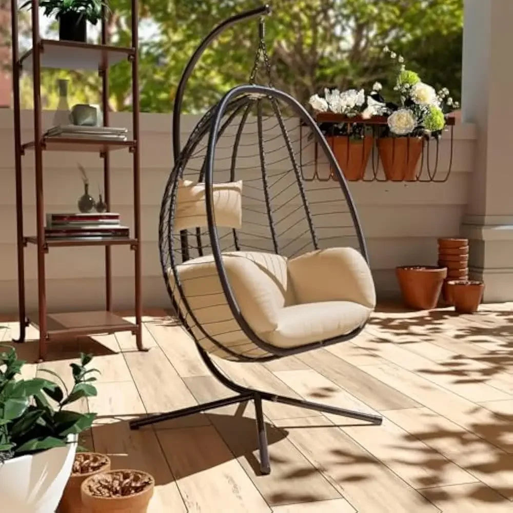 Outdoor Hanging Egg Chair with Stand,Indoor Swinging Chair Patio Wicker Hammock Egg Chair with Thicken Padded Cushions