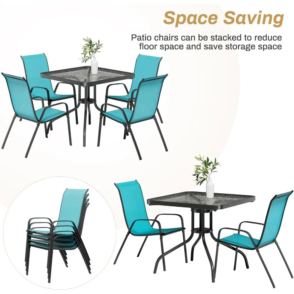 5 Piece Outdoor Patio Dining Set (Umbrella not Included), Porch Furniture with 4 Textline Chairs, 1 Square Glass Table for Gard