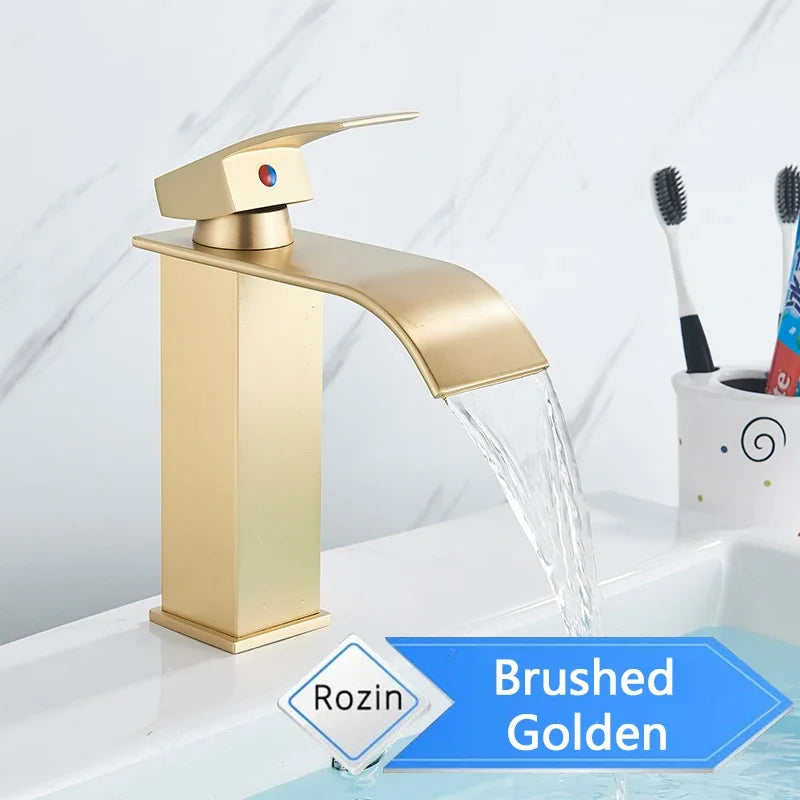 Rozin Hot Cold Water Basin Faucet Waterfall Bathroom Vanity Sink Faucets Single Lever Chrome/Black Brass Washing Mixer Taps