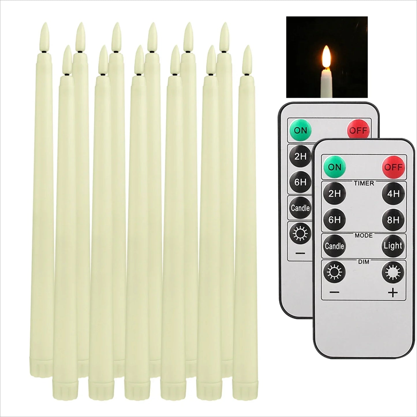 Pack of 6/12 Flameless Ivory Taper Candles Flickering with Remote Battery Operated Christmas Home Wedding Table Decor