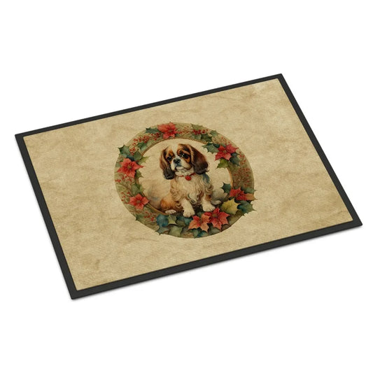 English Toy Spaniel Christmas Flowers Doormat Front Door Mat Indoor Outdoor Rugs for Entryway Non Slip Washable Low Pile 24H X