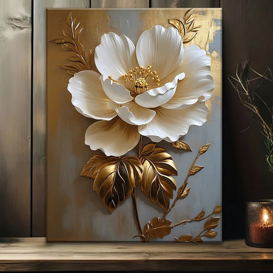Elegant White Floral Canvas Art 12x16 Inch Vintage Gold
