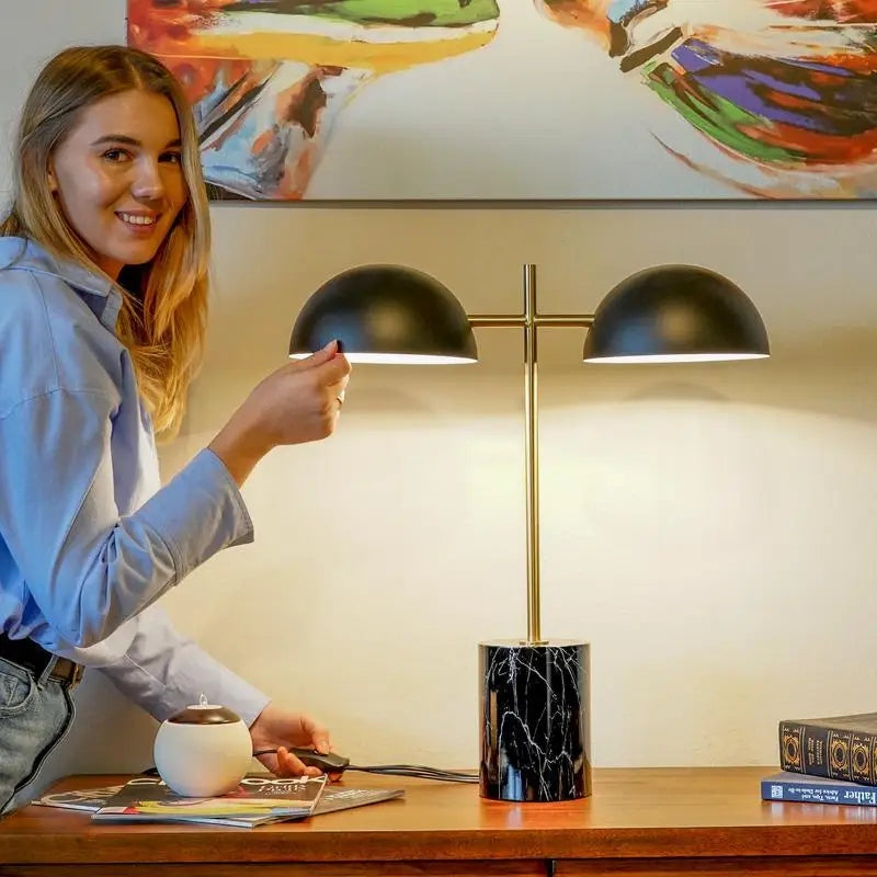 Double Table Lamp with On/Off Switch, Faux Marble Base, 22.4" H x 20" W x 7.9" D, Ideal for Living Room or Office Desk, Perfect