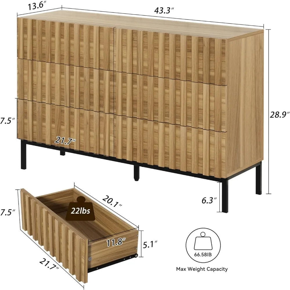 3 Piece Dresser and Nightstand Sets for Bedroom, 43" Matching 6 Drawer Dresser & Nightstand Set of 2, Modern Fluted Solid Wood