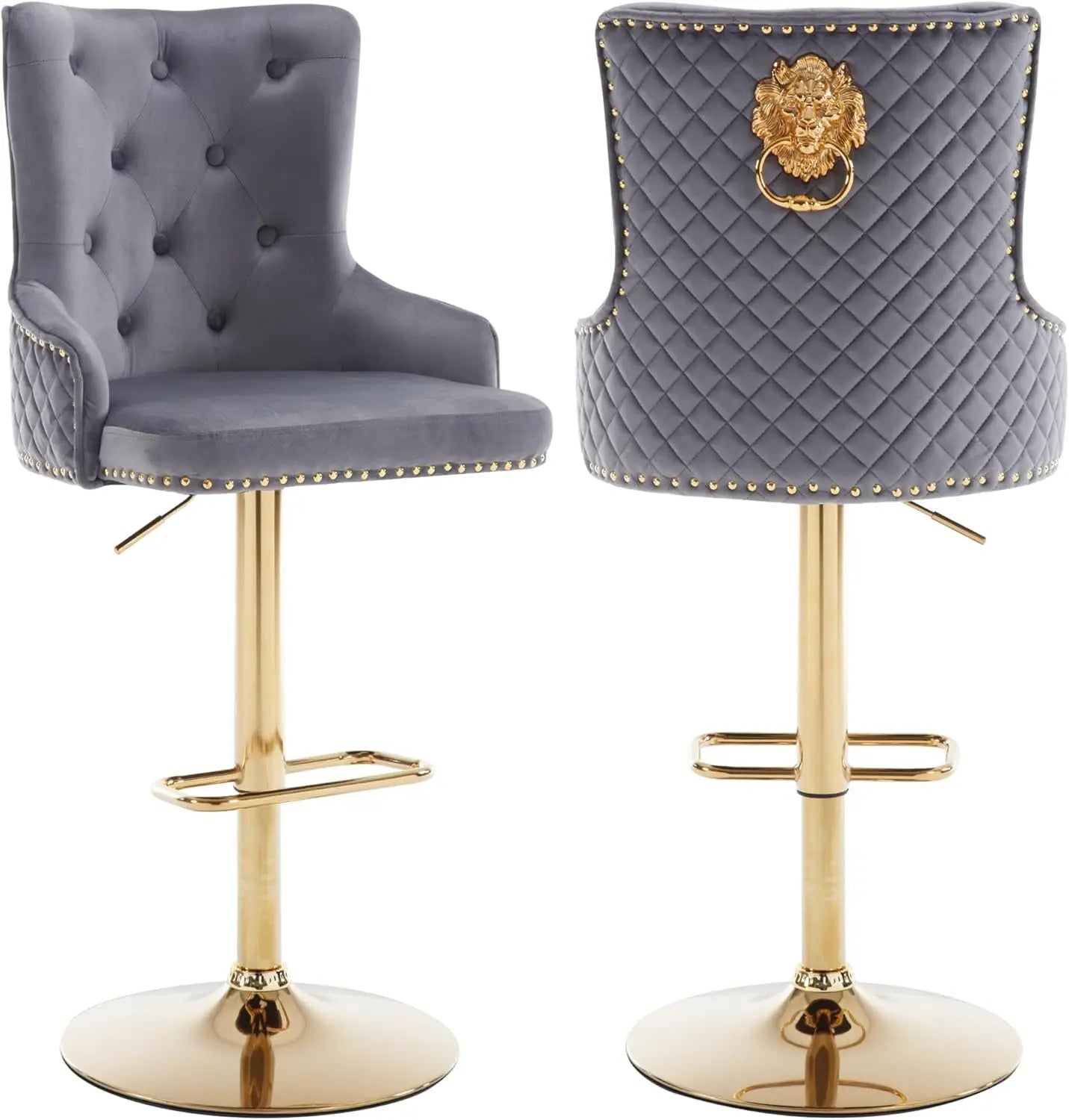 Bar Stools Set of 2, Golden Base Counter Height Stools with Footrest, Velvet Adjustable Swivel Kitchen Island Chair with Uphols