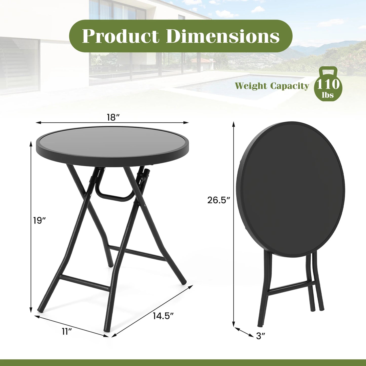 18" Folding Side Table Round Compact Coffee Table w/Tempered Glass Tabletop