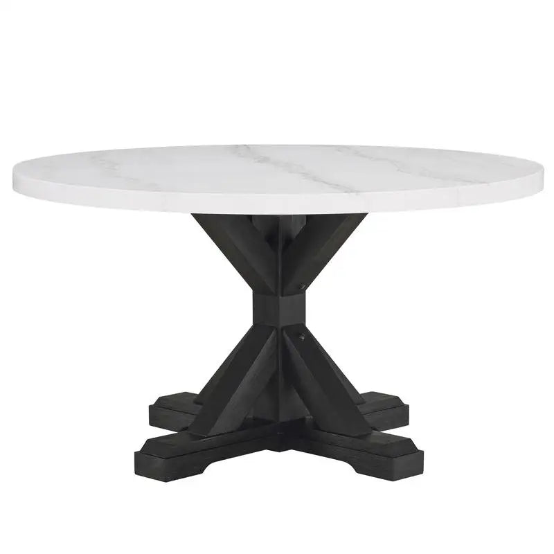 Contemporary 5pc Dining Set with White Marble Round Table, Dove Gray Upholstered Wingback Chairs, Black Solid Wood Finish for