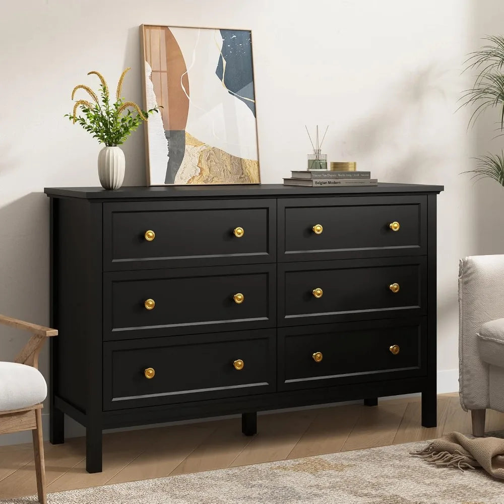 Black Dresser for Bedroom, 6 Drawer Dresser with Wide Drawer and Metal Handles, Wood Dressers & Chests of Drawers for Hallway