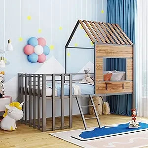 Twin Over Twin House Bunk Bed for Kids, Wood Bunk Bed Frame with Window Roof Design and Guardrail, Montessori Floor Bunk Bed Fra