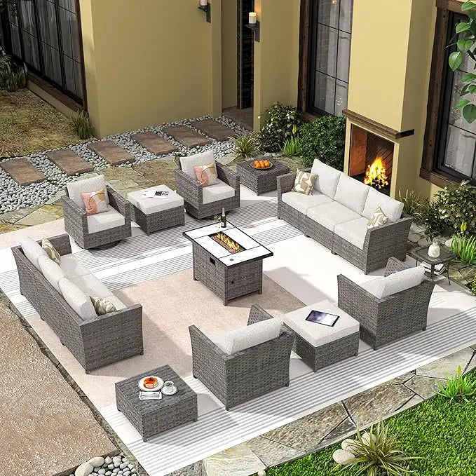 16 Pieces Patio Furniture Conversation Set,with 42" Fire Pit Table Rocking Chair,Outdoor Sectional Gray Wicker Sofa Set