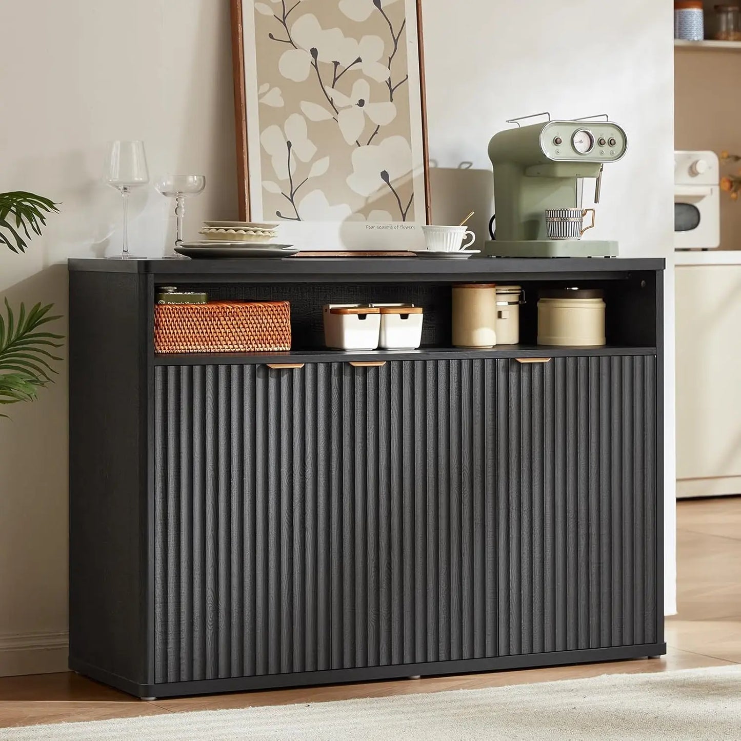 55" Wide Luted Buffet Cabinet with 4 Doors & Open Shelf | Modern Wood Sideboard for Dining/Kitchen Entryway