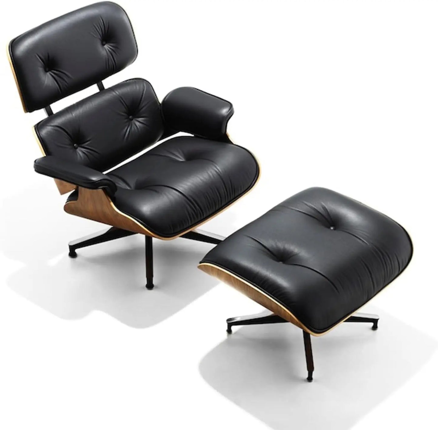 Chaise Lounge Chair with Ottoman Genuine Leather High-Resilience Foam Cushions Mid Century Modern Ergonomic Design