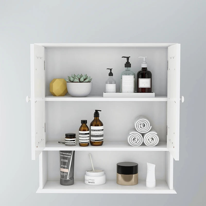 White Wall Cabinet, Bathroom Storage Cabinet with Double Mirror Doors, Wood Hanging Wall Mounted Cabinet, Laundry Room, Kitchen