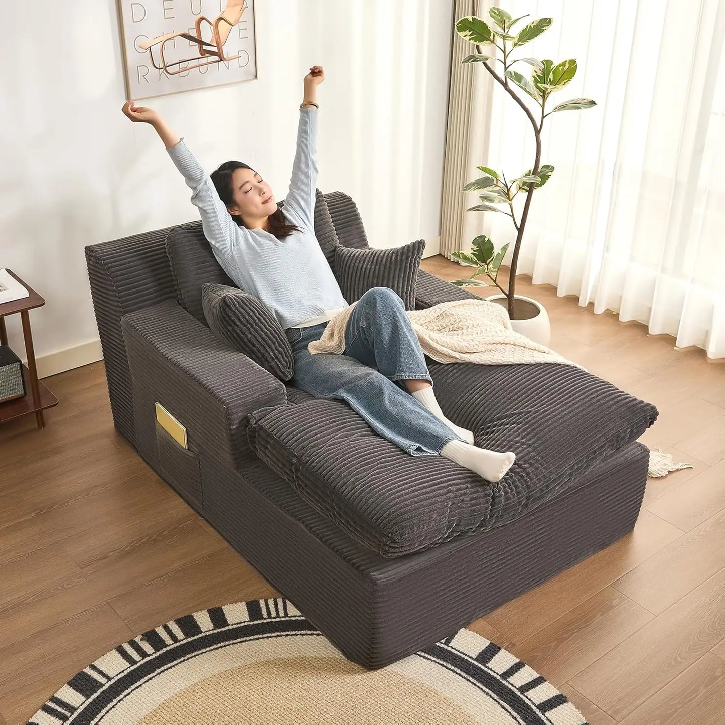 Chaise Lounge Chair Indoor, Extra Cloud Layer, Convertible Sleeper Sofa Couch with Removable Pillows & Side Pockets