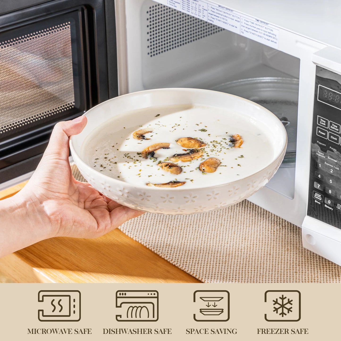 MALACASA LYDIA 16/32 Piece Stoneware Plates Dinner Set White Embossment Dinnerware Set with 6pcs Dinner plate/Dessert/Bowl/Soup