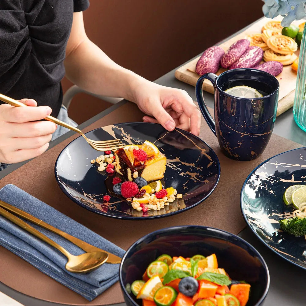 LOVECASA Ceramic Tableware Set 16 Piece Procelain Tableware Design By Gold Splash with Dinner Plate Cake plate Bowls Coffee Cups