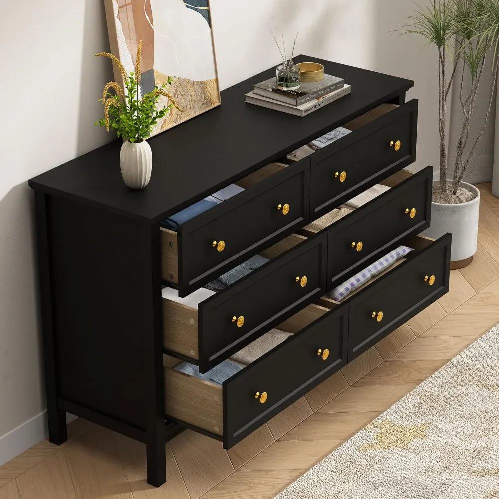 Black Dresser for Bedroom, 6 Drawer Dresser with Wide Drawer and Metal Handles, Wood Dressers & Chests of Drawers for Hallway