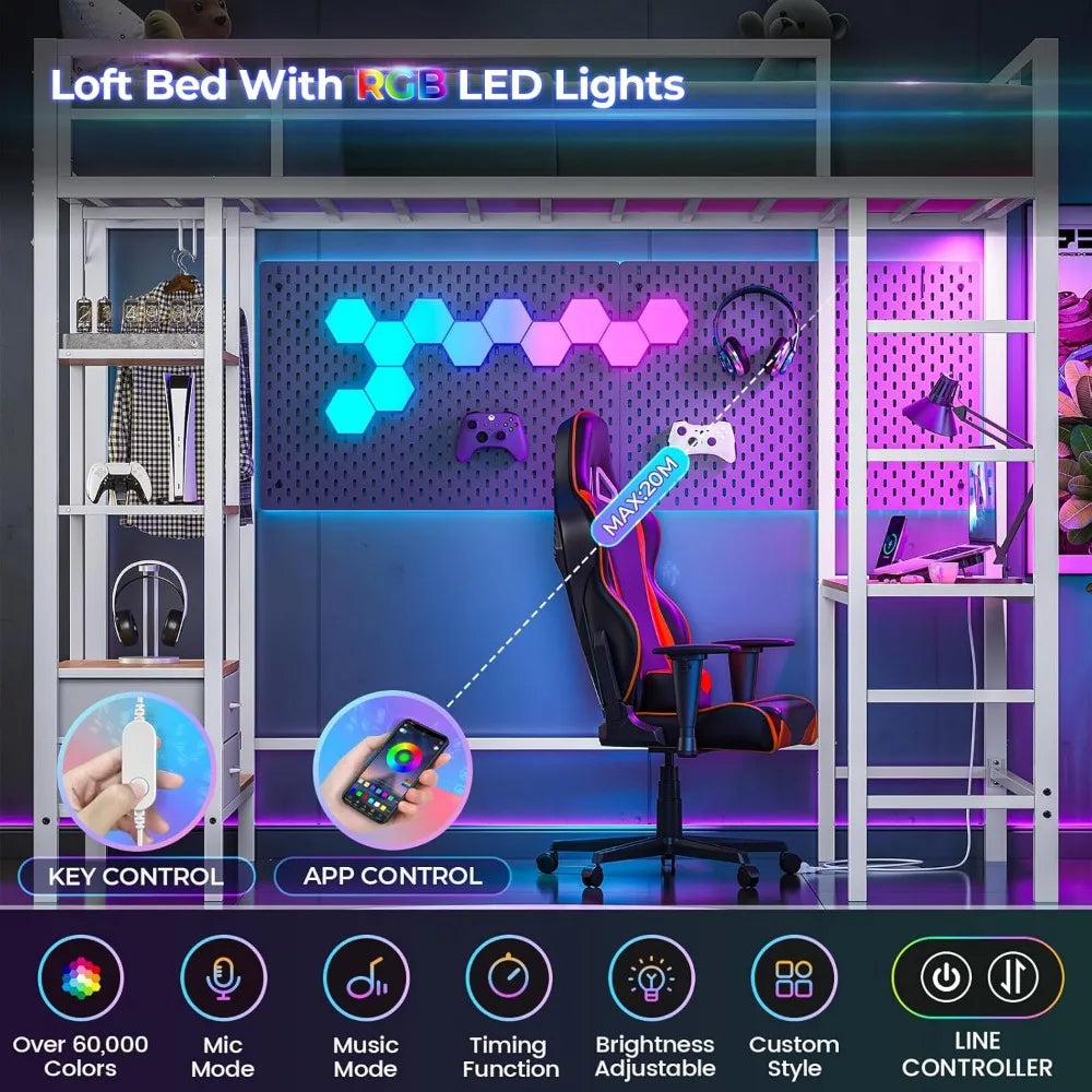 Metal Loft Bed Twin Size with Desk and Charging Station White Twin Loft Bed with LED Lights, 4 Storage Shelves and 2 Fabric Dra